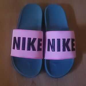 Nike Pink and Black Slide Sandals